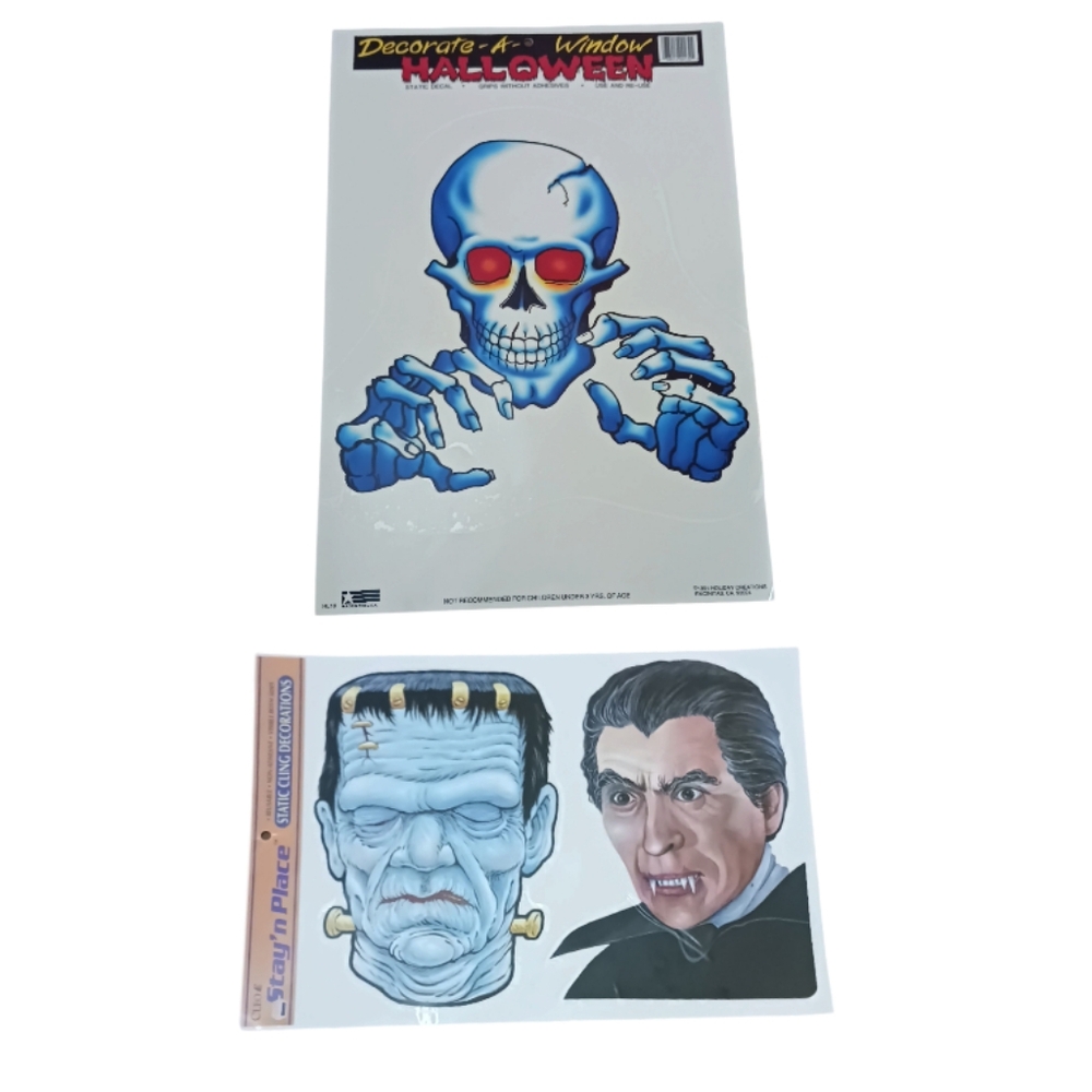 Vintage Halloween Window Cling Skull & Skeleton Hands, Dracula & Frankenstein